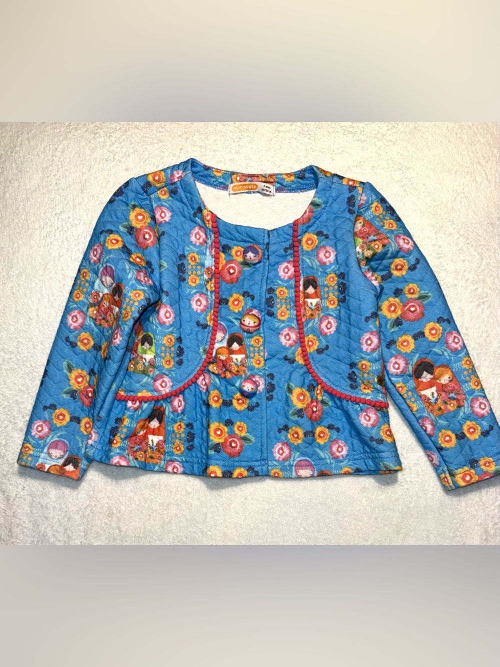 Alohabeto quilted toddler jacket with traditional Matryoshka doll designs, sz 3